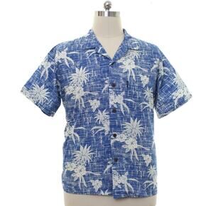 Vintage 90s Palmwave Hawaiian Shirt Blue Floral Cotton Camp Shirt Men's Large